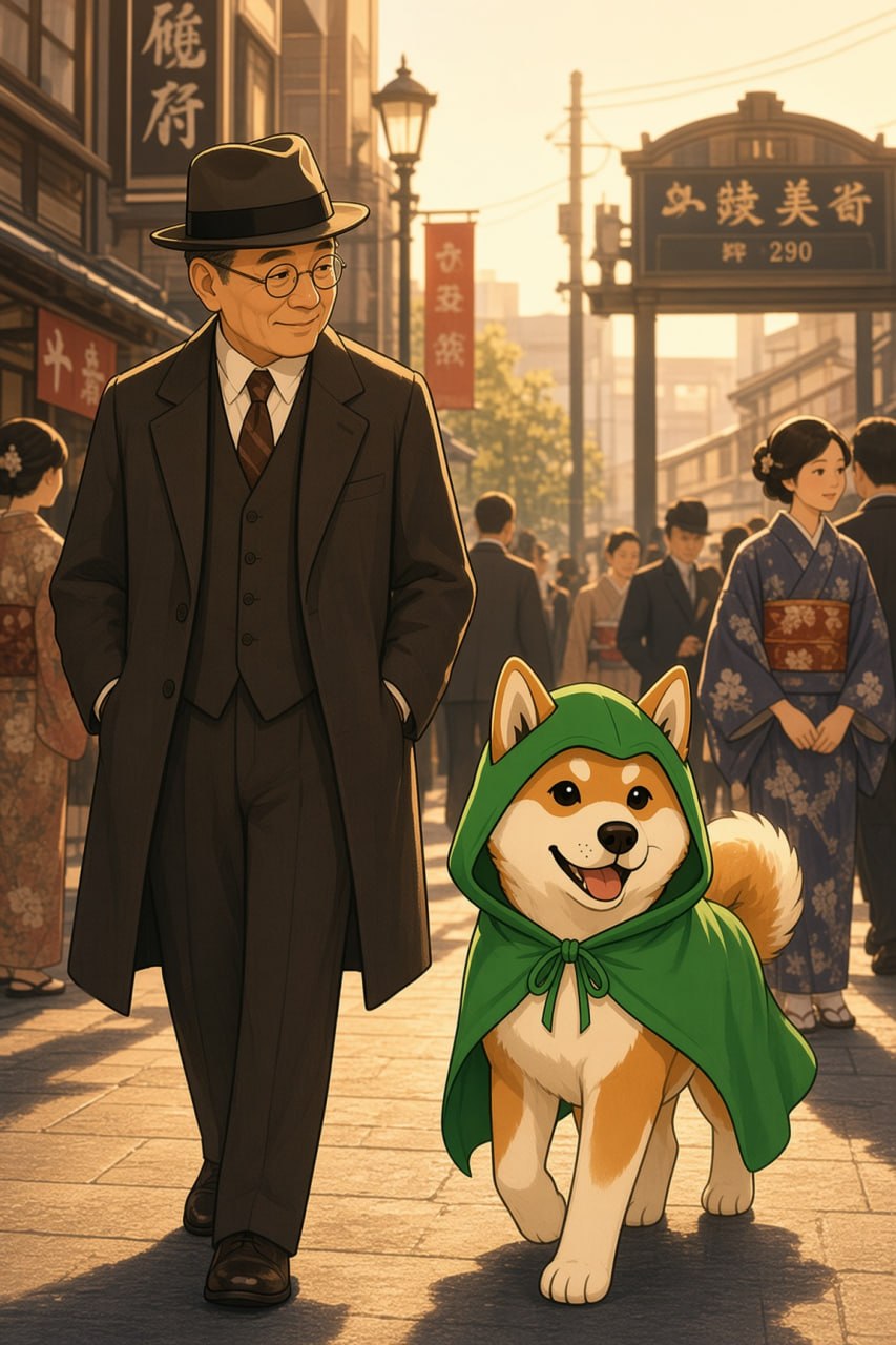 Hachiko walking with Professor Ueno
